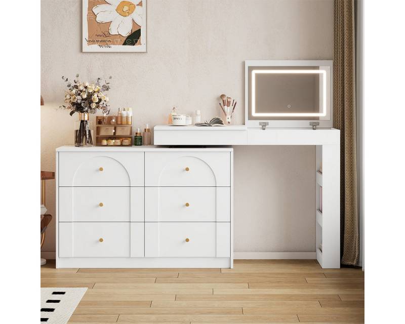 XDeer Konsolentisch Konsolentisch mit LED-Beleuchtung Drehbarer Schminktisch, Kosmetiktisch Bürotisch 105×40×80cm Weiß von XDeer