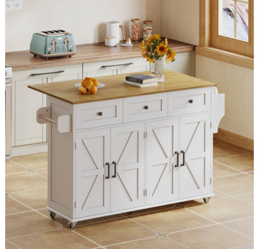 XDeer Kücheninsel Kücheninsel mit klappbarer Arbeitsplatte, ausgestattet mit 5, feststellbaren Rollen, 4 Türen,Handtuchhaltern,140x43(70)x90.5 cm von XDeer