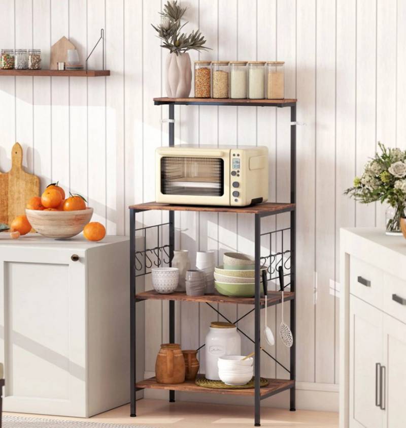 XDeer Küchenregal Küchenregal, 4-stufiges Design, Kaffeetisch, Arbeitsplatte, 8 Haken von XDeer