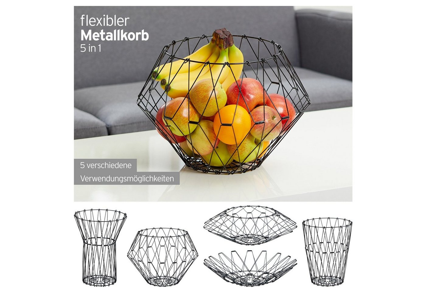 XDeer Obstschale Flexibler Obstkorb(3 Pack), Drahtkorb in Multi-Form,Aufbewahrungskorb als Obstschale, Lampenschirm, Weinhalter, Blumentopf, Snack-Organizer, auch als kreative Geschenk, (Set, 1-tlg), Sie können die Strukturform durch Drücken von Hand ändern, die sich leicht in 5 verschiedene Formen falten lässt - für Obstkorb und Spülschüssel, Besteckhalter usw. von XDeer