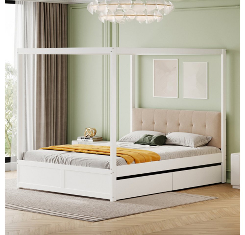 XDeer Polsterbett Doppelbett,Himmelbett140*200 cm mit großen Schubladen und, und weicher Rückenlehne, Holz bett weiß von XDeer