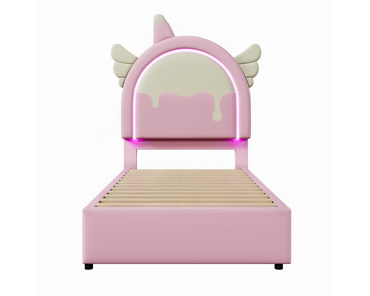 XDeer Polsterbett Kinderbett mit Leuchtleiste und 2 Schubladen Einhornform, Polsterbett Jugendbett 90 x 200 cm Rosa ohne Matratze von XDeer