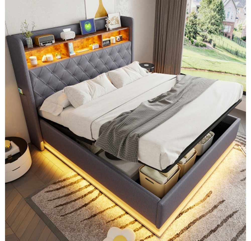 XDeer Polsterbett LED-Polsterbett, Gepolstertes Stauraumbett mit USB-Ladeanschluss, und hydraulischem Stauraum,160 x 200 cm von XDeer