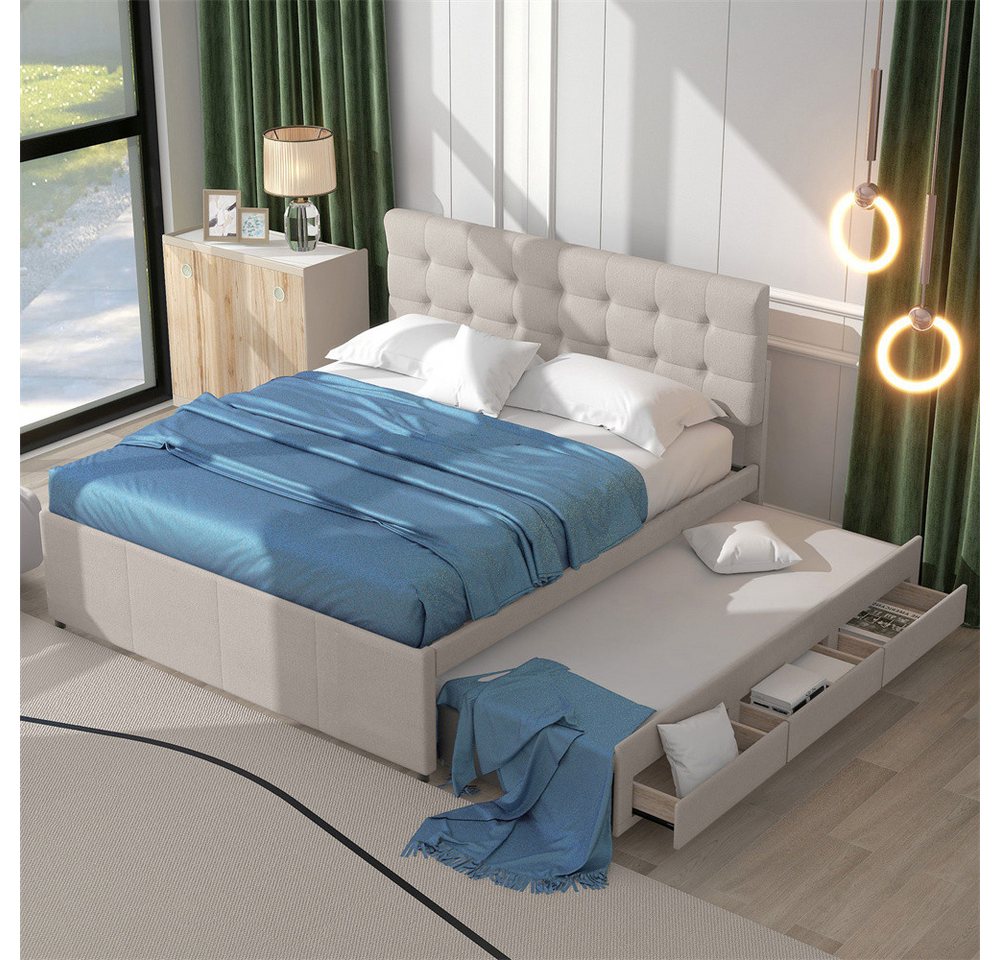 XDeer Polsterbett Polsterbett, Doppelbett, Familienbett, Ehebett mit drei, Schubladen, ausziehbares Bett, Verstellbares Kopfteil, Beige von XDeer