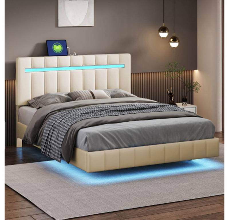 XDeer Polsterbett Polsterbett, gepolsterter Schwebebettrahmen mit LED-Leuchten, und Kopfteildesign, Doppelbett-Gästebett in hautfreundlichem von XDeer