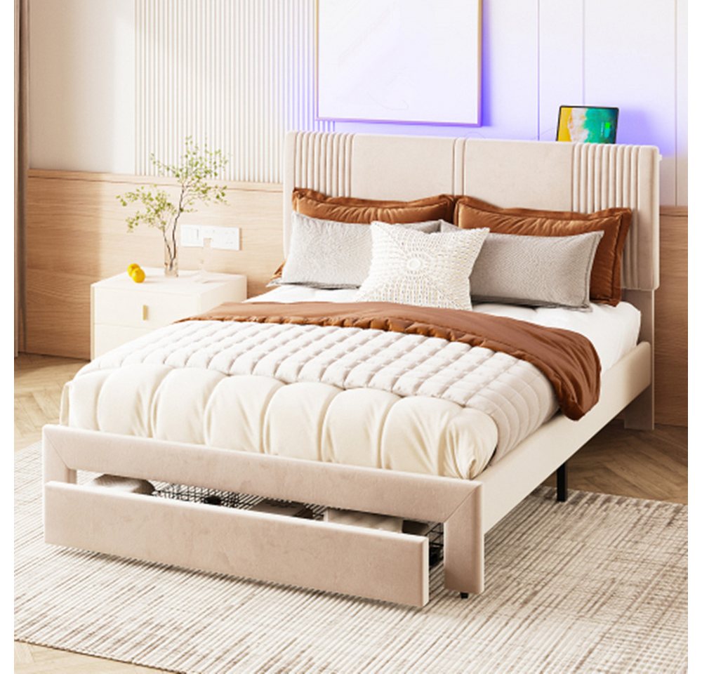 XDeer Polsterbett Polsterbett,Doppelbett mit Lichtleiste und USB-Buchse, Rückenlehne und großer Schublade, Doppelbett XDeer Polsterbett Polsterbett,Doppelbett mit Lichtleiste und USB-Buchse, Rückenlehne und großer Schublade, Doppelbett von XDeer
