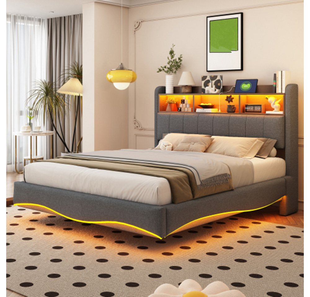 XDeer Polsterbett Polsterbett 140*200 Abgehängtes Design, multifunktionales Stauraumbett, Stauraumbett mit LED-Licht, USB- und TYPE-C-Schnittstelle von XDeer