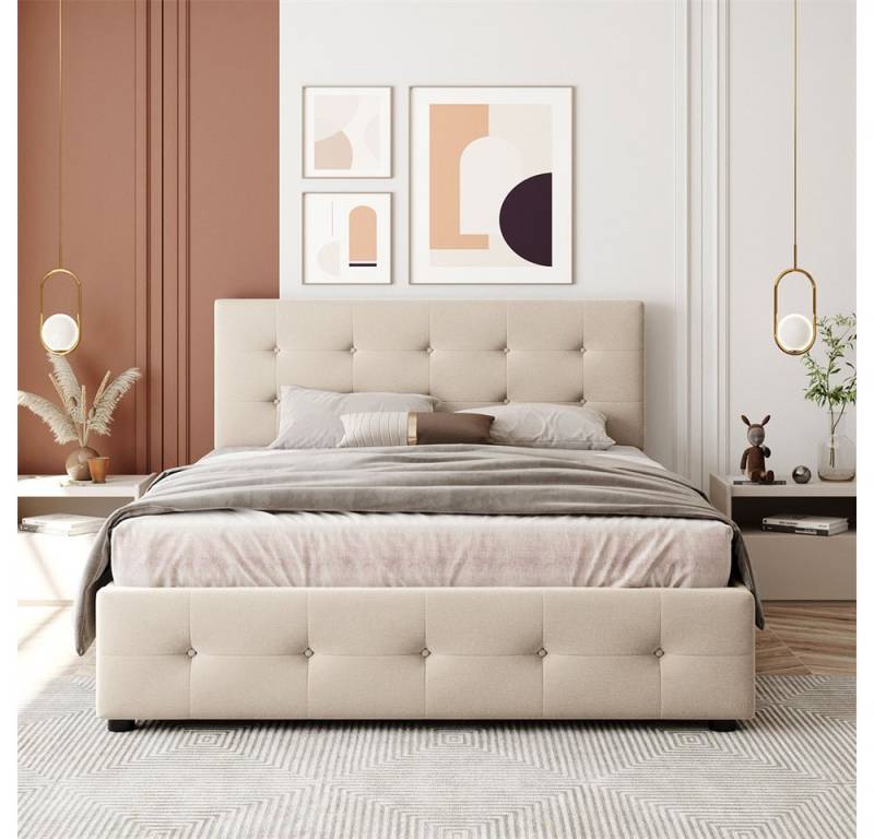 XDeer Polsterbett Polsterbett 140 x 200 cLattenrost und Rückenlehne, Hautfreundliches Doppelbettm, Doppelbett mit Schubladen von XDeer