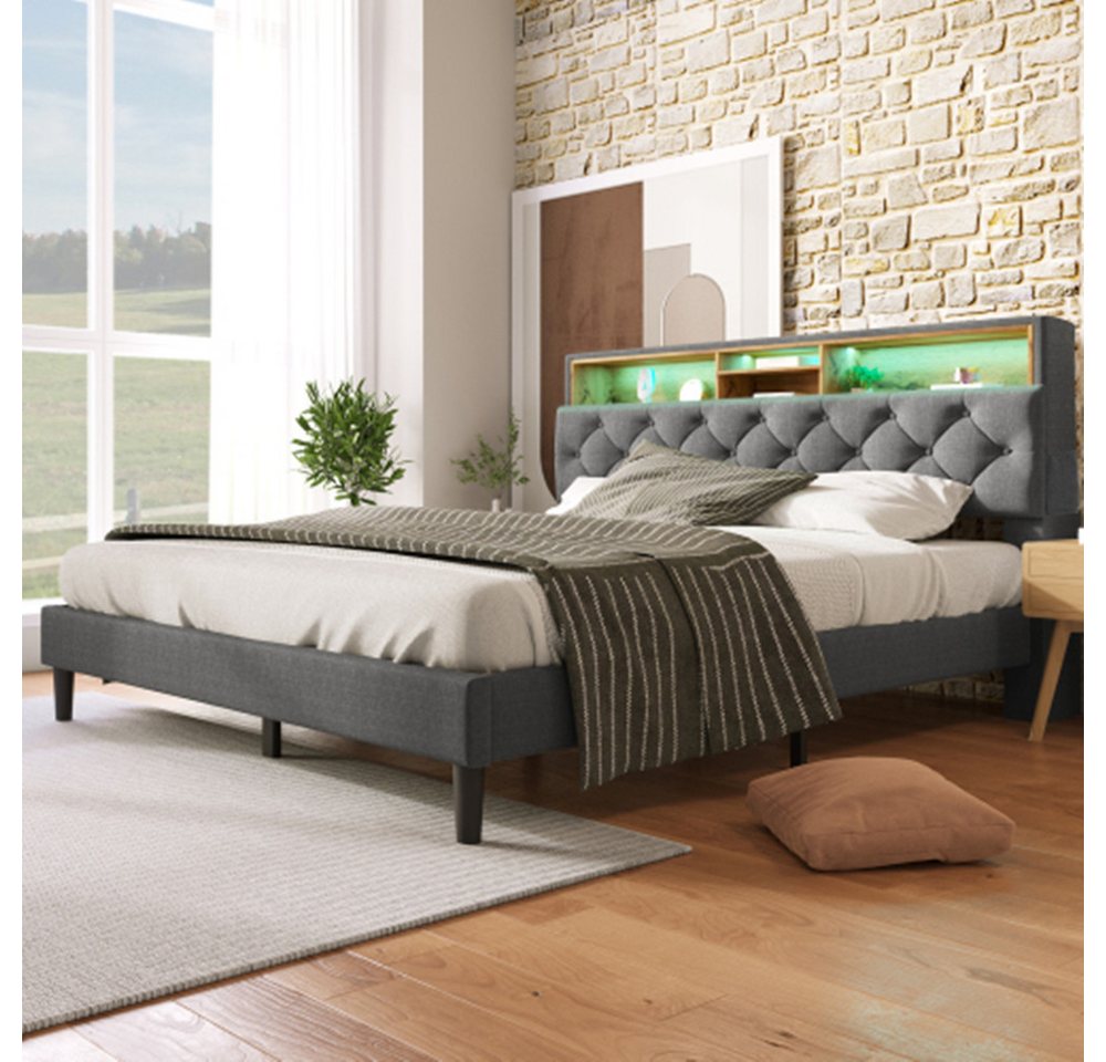 XDeer Polsterbett Polsterbett Doppelbett Stauraum-Kopfteil Bett mit LED-Beleuchtung, Bettgestell Lattenrost aus Holz,140*200CM Grau(Ohne Matratze) von XDeer