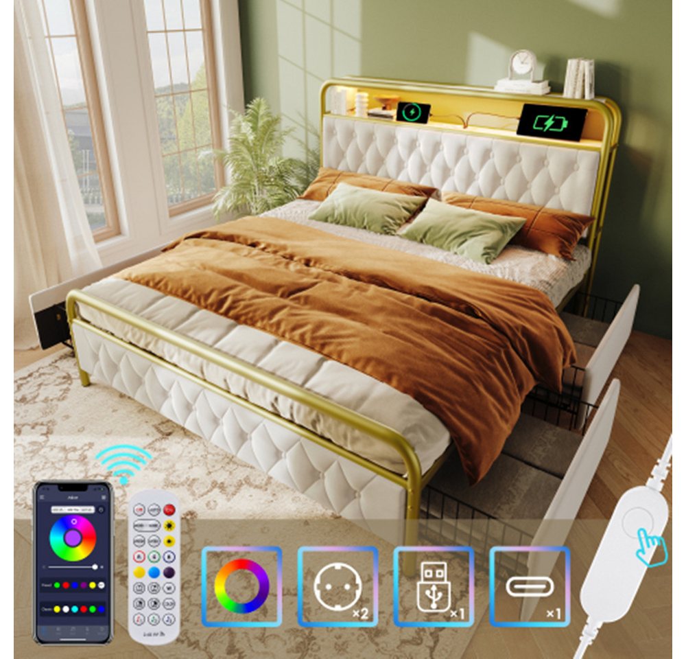 XDeer Polsterbett Polsterbett Doppelbett mit aufladen USB Type C Ladefunktion, LED Bettgestell Metallbett 180×200CM(Ohne Matratze) von XDeer