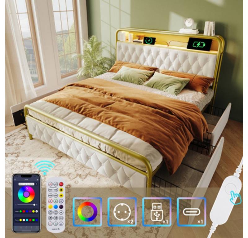 XDeer Polsterbett Polsterbett Doppelbett mit aufladen USB Type C Ladefunktion, LED Bettgestell Metallbett 180×200CM(Ohne Matratze) von XDeer