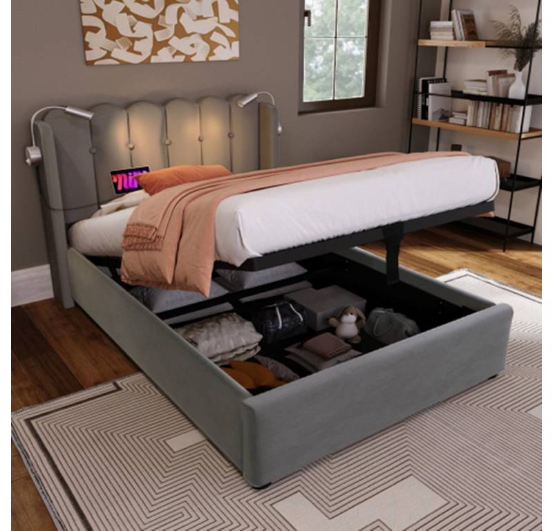 XDeer Polsterbett Polsterbett Einzelbett Leselicht mit Ladefunktion Kopfteil Stauraum, Bettgestell 90x200 mit lattenrost(Ohne Matratze) von XDeer