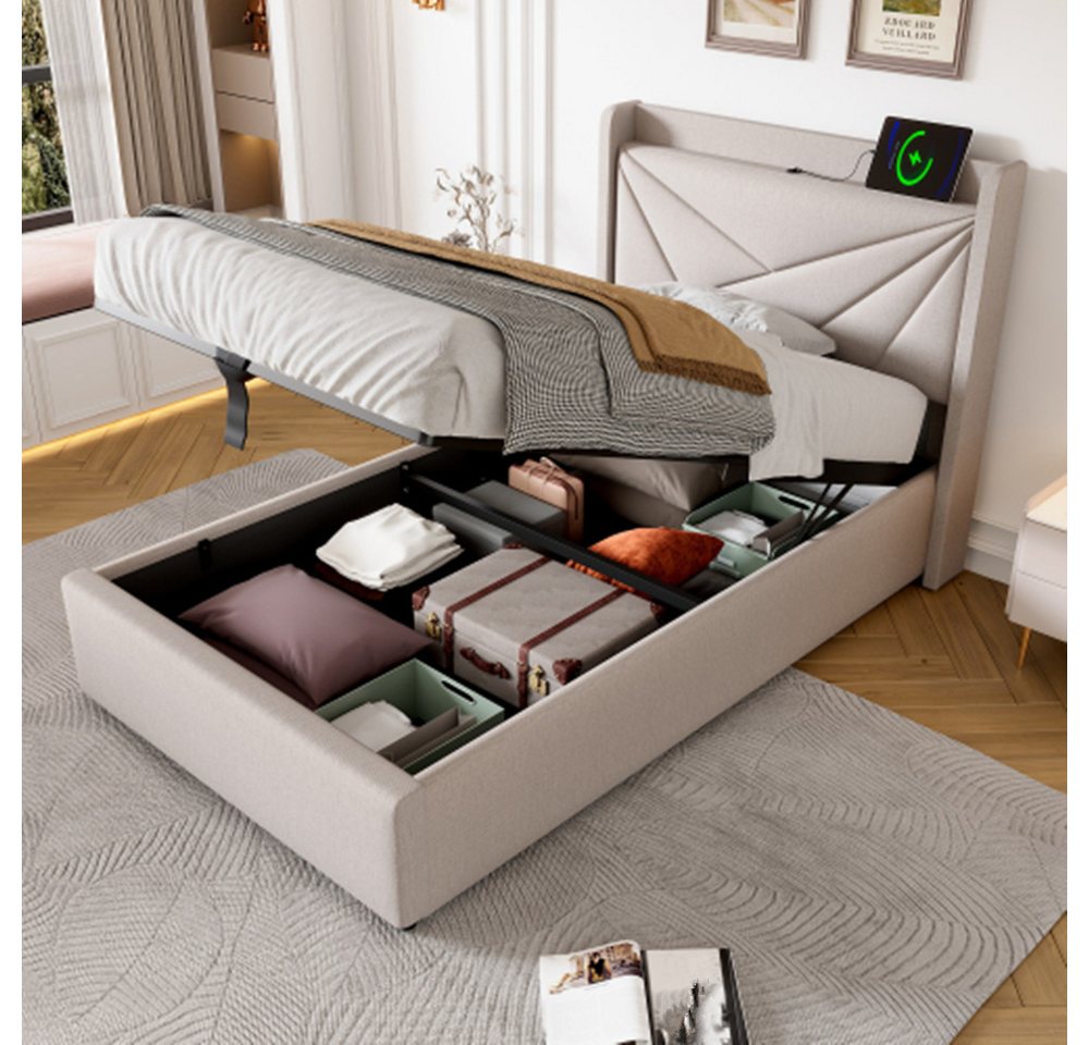 XDeer Polsterbett Polsterbett Einzelbett Stauraum Bettkasten mit USB Typ C, Ladefunktion Kopfteil,Stauraumbetten 90x200(Ohne Matratze) von XDeer