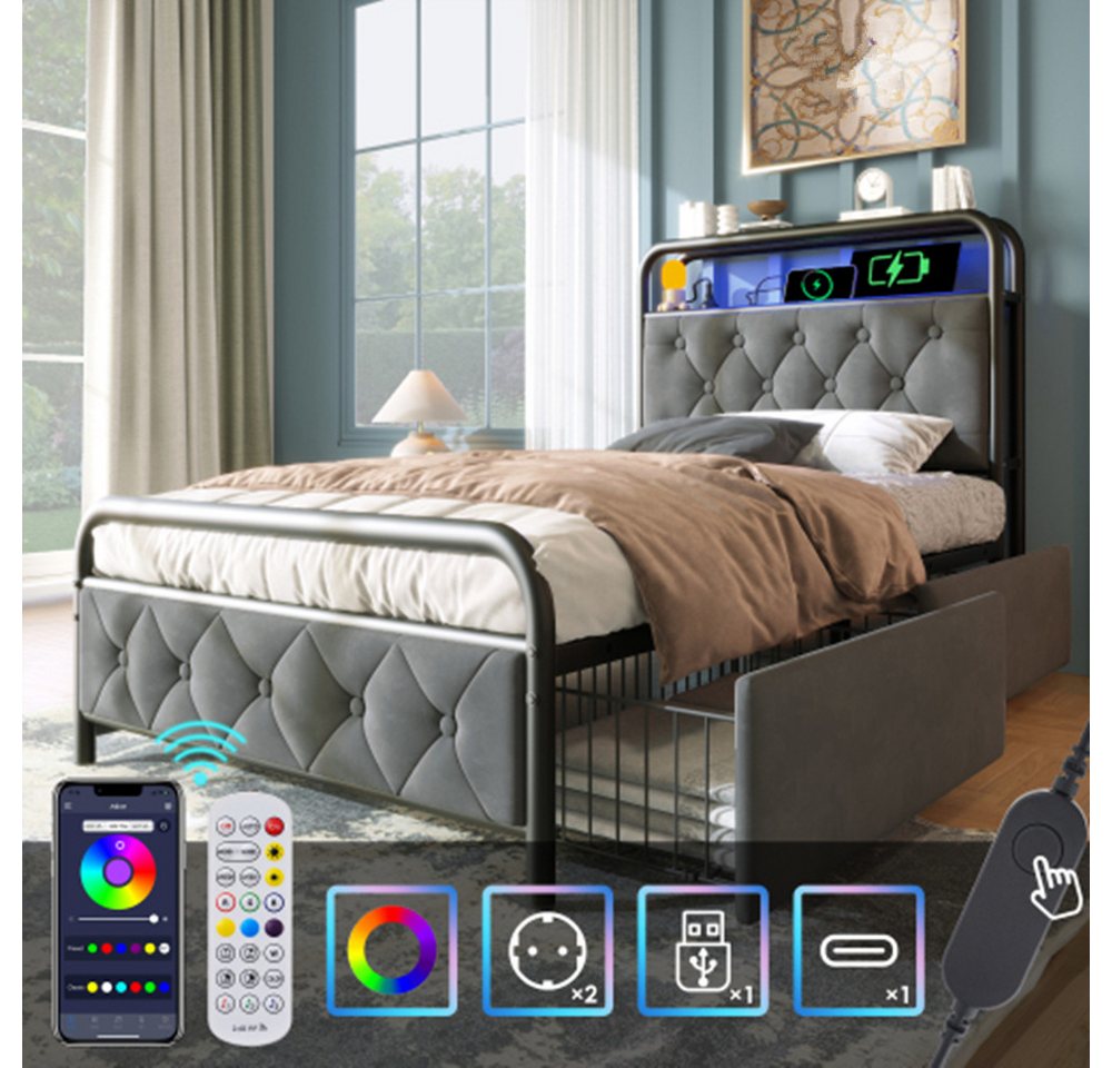 XDeer Polsterbett Polsterbett Einzelbett mit aufladen USB Type C Ladefunktion, APP-Control LED Bettgestell Metallbett 90×200CM(Ohne Matratze) von XDeer
