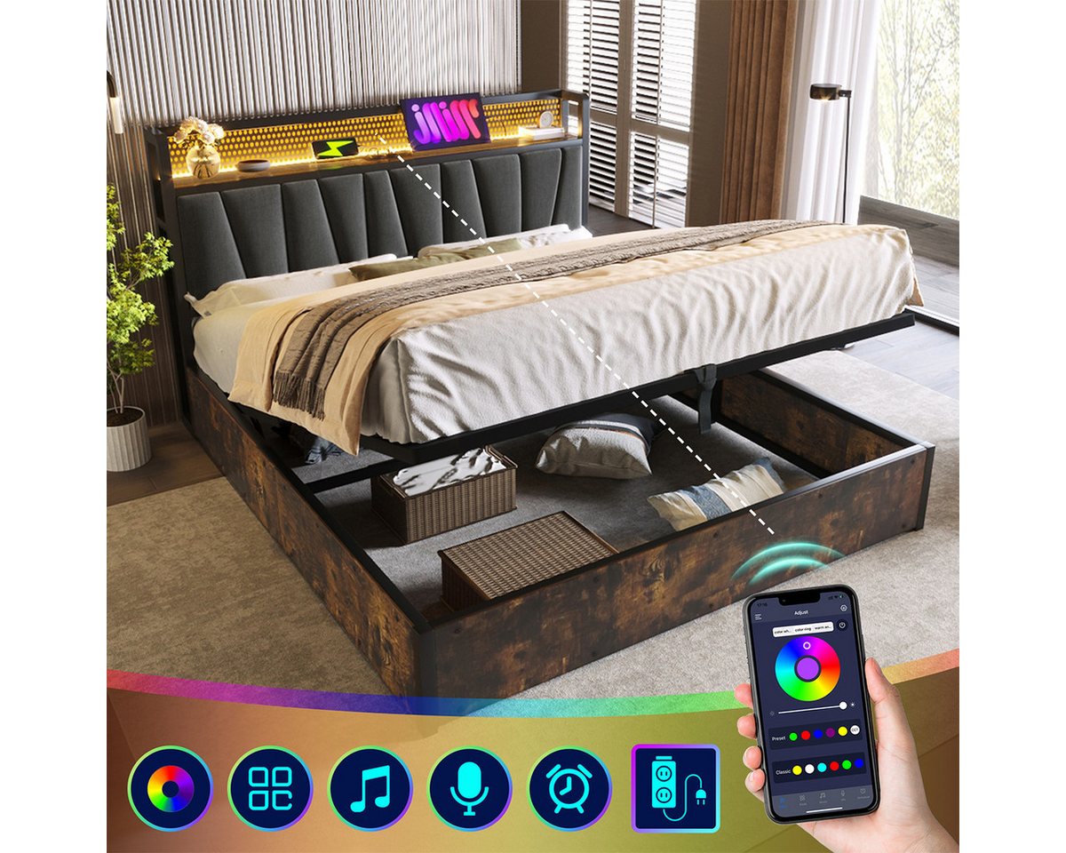 XDeer Polsterbett Polsterbett LED App-Control Metallbett mit aufladen USB, Ladefunktion Kopfteil Doppelbett (Ohne Matratze) 140x200cm von XDeer