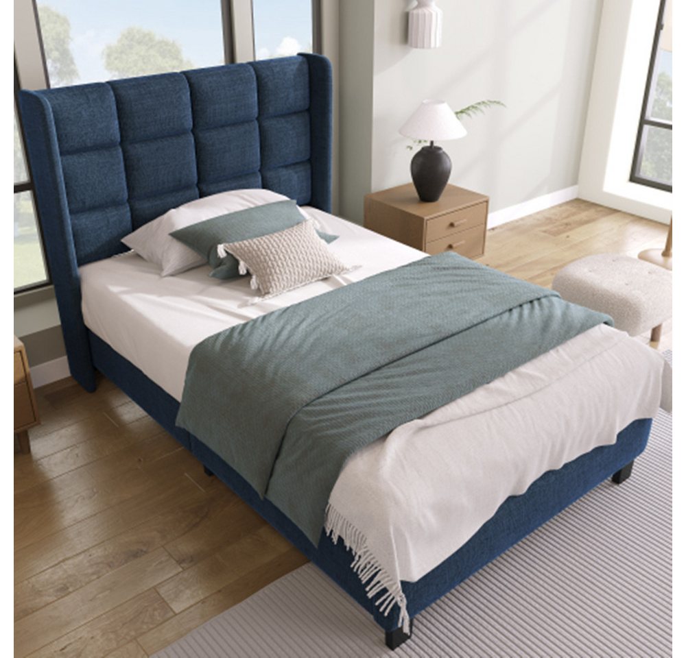 XDeer Polsterbett Polsterbett Mit seinem gepolstertes Kopfteil Einzelbett mit, Lattenrost, 90x200cm,in Blau Leinen(Ohne Matratze) von XDeer