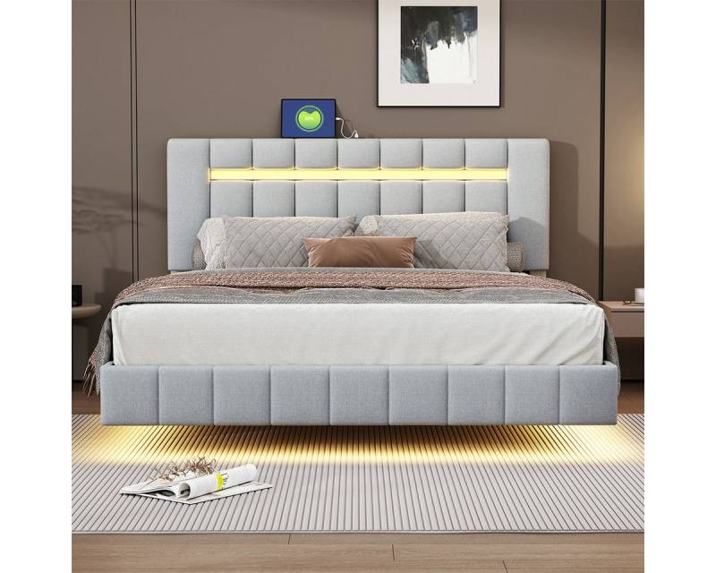 XDeer Polsterbett Polsterbett mit LED-Leuchten und Kopfteildesign Doppelbett, Gästebett Hautfreundlichem Leinen 160 x 200 cm Grau von XDeer