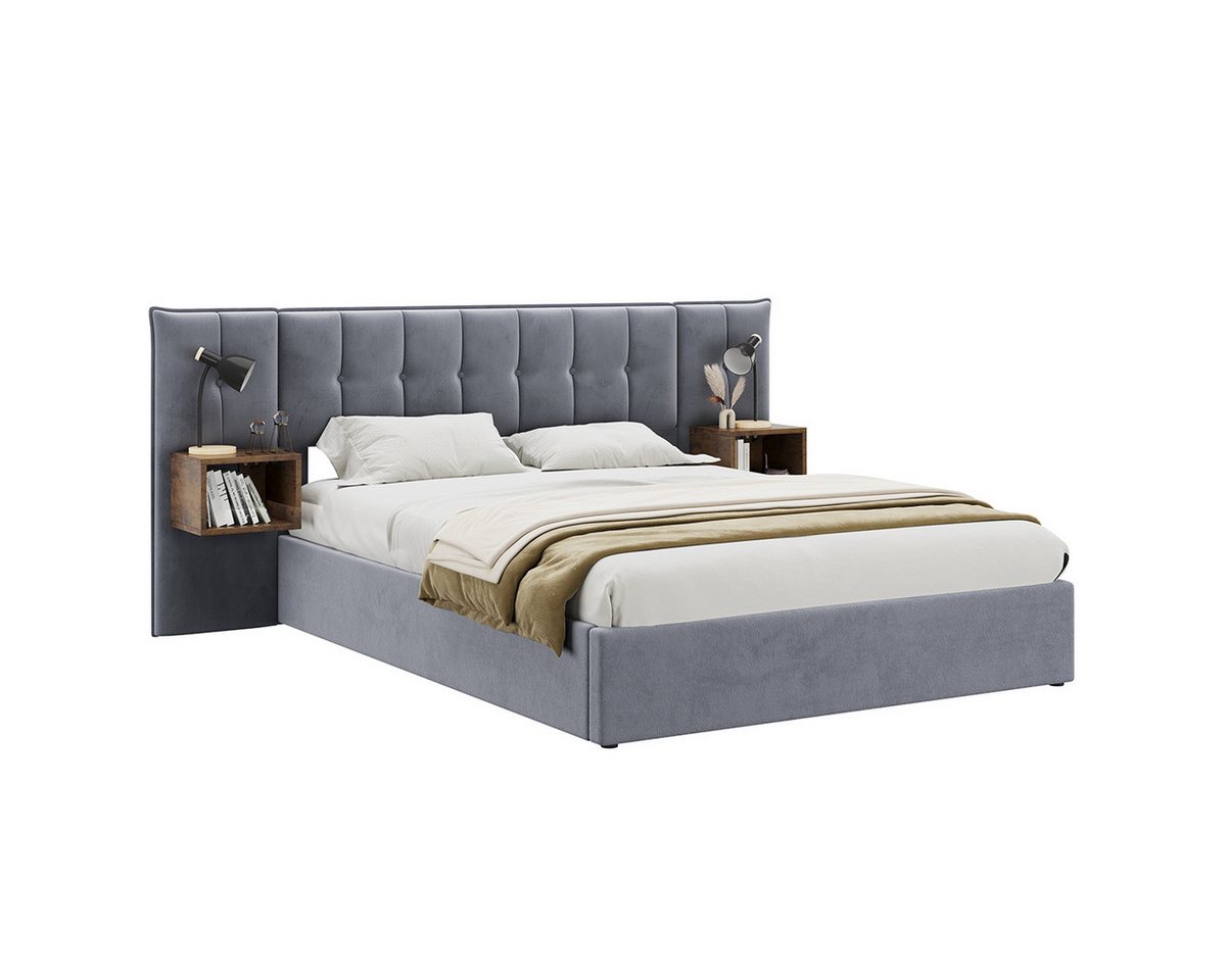 XDeer Polsterbett Polsterbett mit Nachttischlampe und Zwei Nachttischen, Kinderbett Einzelbett Einfache Montage Samt Grau+Braun XDeer Polsterbett Polsterbett mit Nachttischlampe und Zwei Nachttischen, Kinderbett Einzelbett Einfache Montage Samt Grau+Braun von XDeer