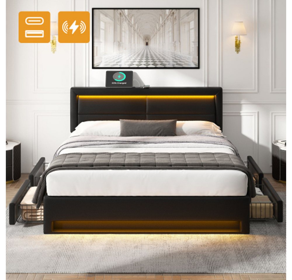 XDeer Polsterbett Polsterbett mit USB-Anschluss (unterstützt kabelloses und, kabelgebundenes Laden), mit LED-Beleuchtung,ohne Matratze von XDeer