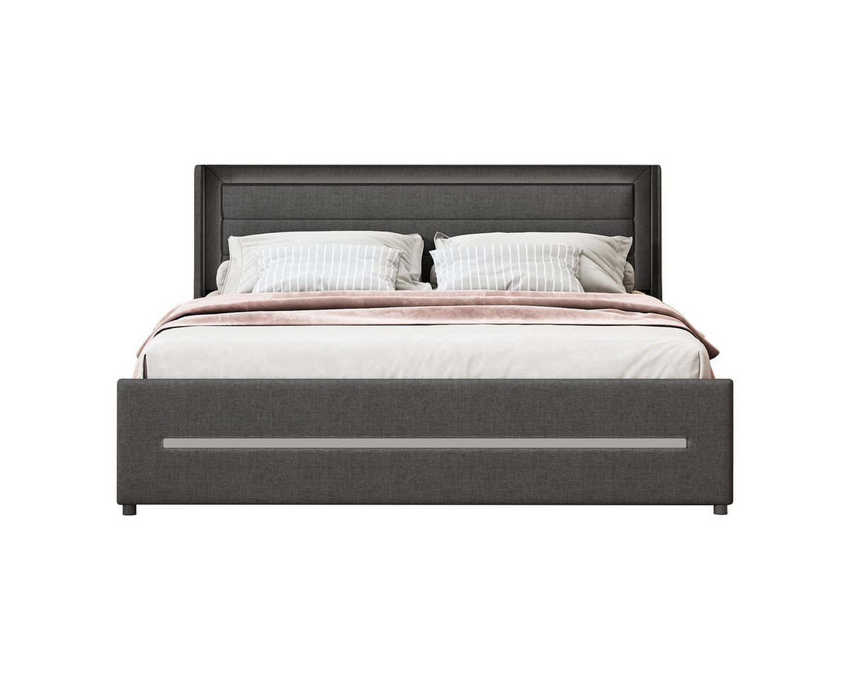 XDeer Polsterbett Polsterbett mit farbwechselnder LED-Beleuchtung vier, Ablagefächern Familienbett Einzelbett Doppelflachbett 160*200cm von XDeer