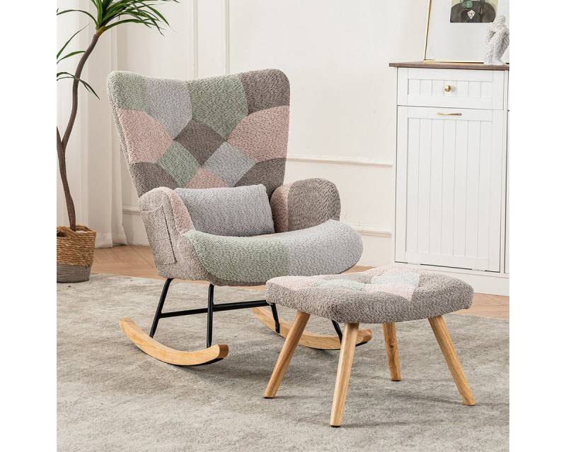 XDeer Schaukelstuhl Schaukelstuhl mit Fußstütze und Lendenkissen Relaxsessel, Schaukelsessel Mehrfarbiges Design Gestell aus Gummibaumholz von XDeer