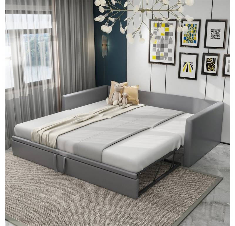 XDeer Schlafsofa Polsterbett Ausziehbares Schlafsofa mit Lattenrosten, Multifunktionsbett aus hautfreundlichem Samtstoff Grau von XDeer