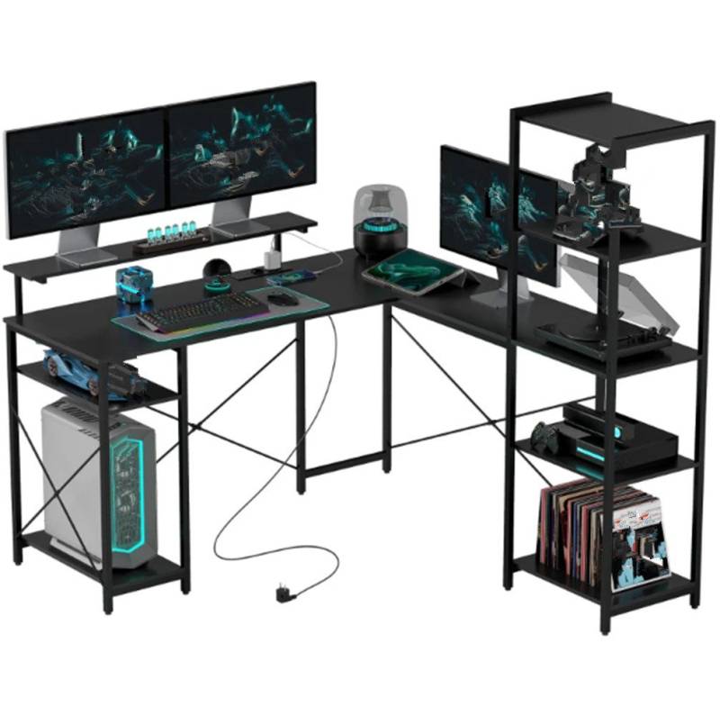 XDeer Schreibtisch L-förmiger Schreibtisch mit Ladestation,Computertisch v, mit Monitorständer und Regalen, für Büro von XDeer