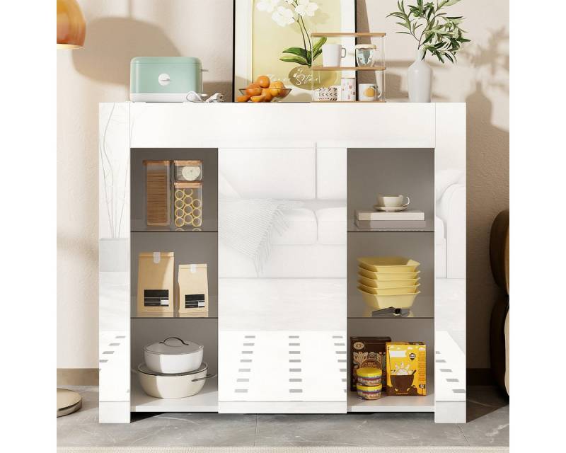 XDeer Sideboard Buffet mit Hochglanz-Front und Glasregalen Sideboard Schrank, für Wohnzimmer 95x35x83cm Weiß von XDeer