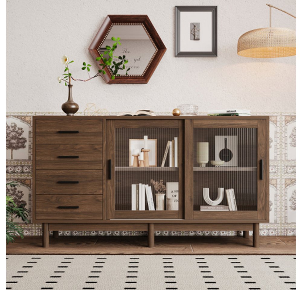 XDeer Sideboard Sideboard aus nussbaumfarbener Spanplatte mit Glasvitrine -, 4 Schubladen, 2 Glastüren,Wohnzimmer Sideboard von XDeer