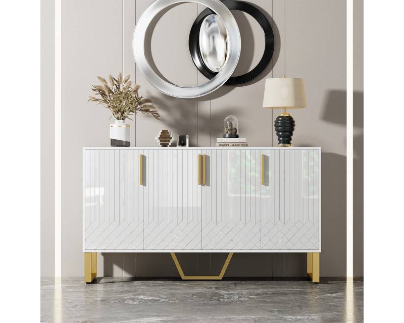 XDeer Sideboard Sideboard mit 4 Türen Metallgriffe und Beine Geometrisches, Design in Weiß Kommode Mehrzweckschrank 140L*40B*80H  von XDeer