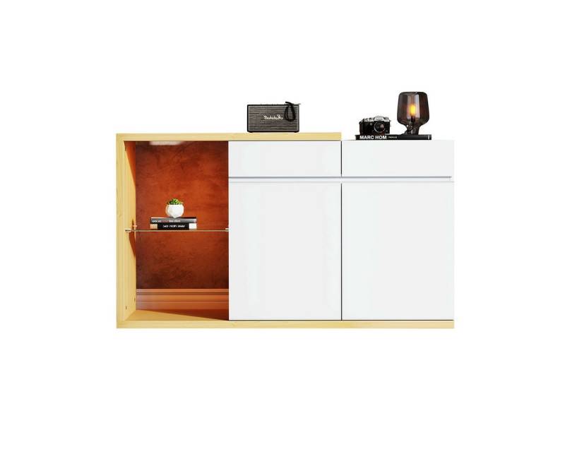 XDeer Sideboard Sideboard mit LED-Beleuchtung 2 Türen 2 Schubkästen Kommode, Multifunktionales Schuhschrank Breite 120 cm Weiß+Eiche von XDeer