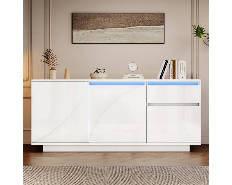 XDeer Sideboard Sideboard mit LED und Verstellbaren Einlegeböden, Aufbewahrungsschrank Wohnzimmerschrank 140*40*60cm Weiß von XDeer
