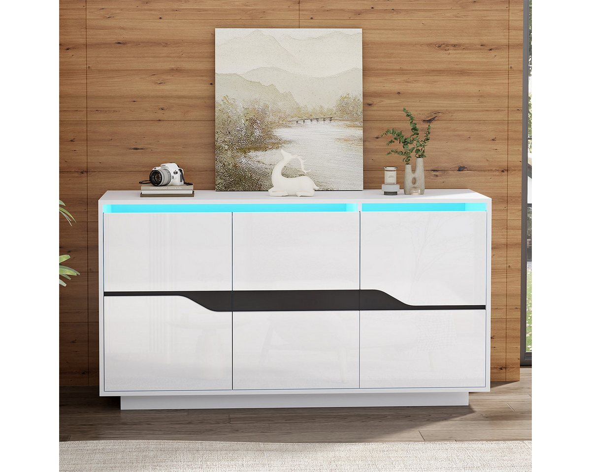 XDeer Sideboard Sideboard mit Verstellbaren Trennwänden und LED, Aufbewahrungsschrank Kommode 140*40*76cm Weiß von XDeer