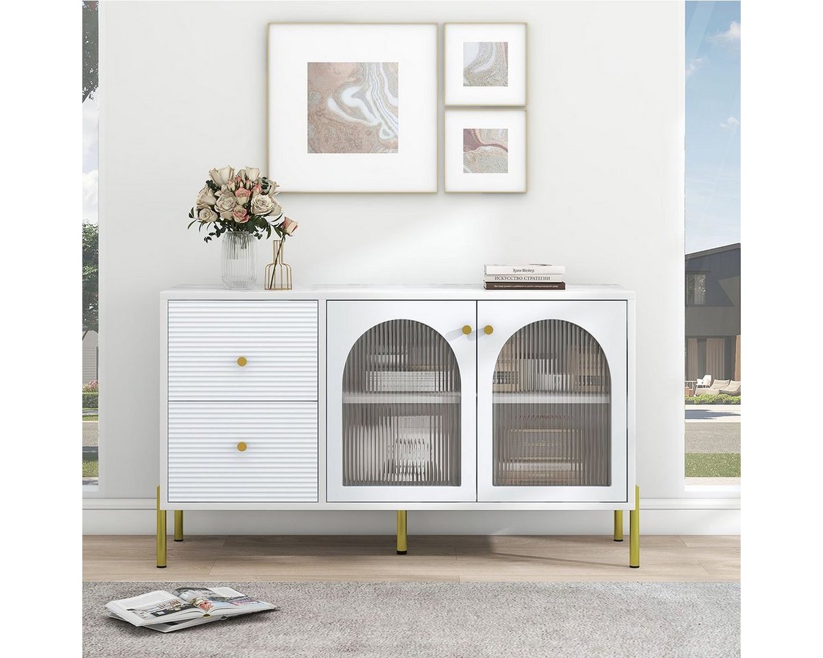 XDeer Sideboard Sideboard weiß-goldenes mit verstellbaren Regalen 120 cm langes, und Marmorplatte 2 Türen und 2 Schubladen Schrank mit Glastüren von XDeer