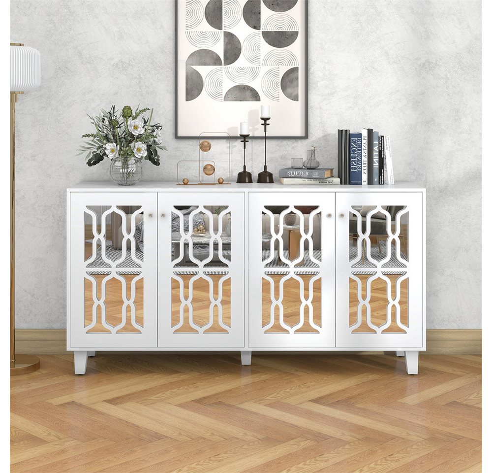 XDeer Sideboard Weiß verspiegelte Anrichte kühlen Kristallgriffen, Vier Türen, mit beweglichem Laminat.für Wohn- und Esszimmer von XDeer