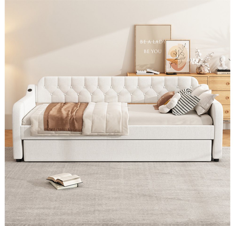 XDeer Sofa 90*200cm Schlafsofa, Tagesbett, mit ausziehbares Rollbett, USB-Anschluss, beige von XDeer