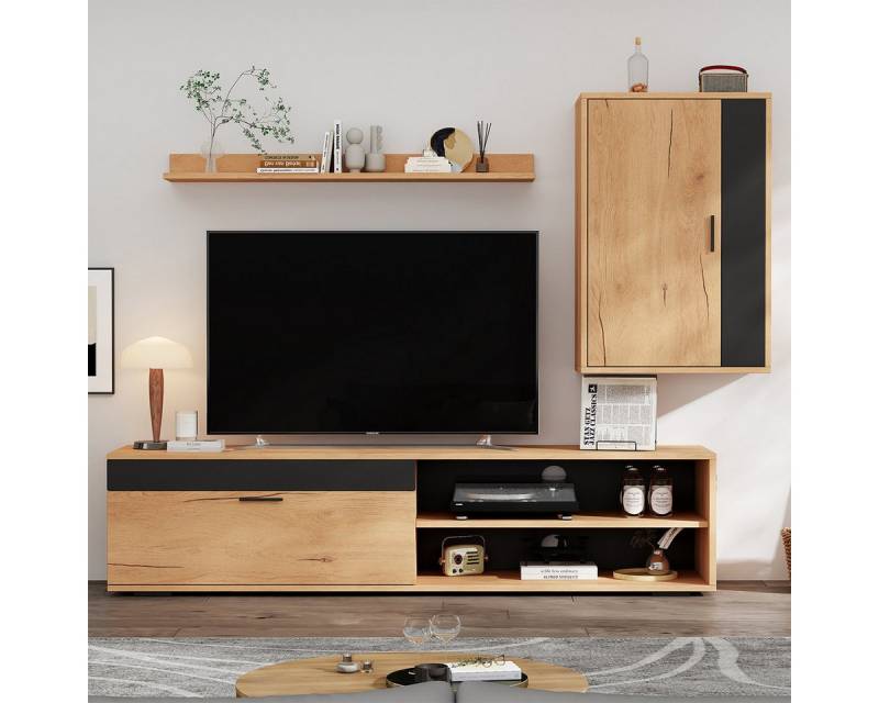 XDeer TV-Board TV Wohnwand-set inkl.TV-Board Standregal und Wandregal, TV Wohnzimmermöbel-Set 140*35*39cm Holzfarbe + Schwarz  von XDeer