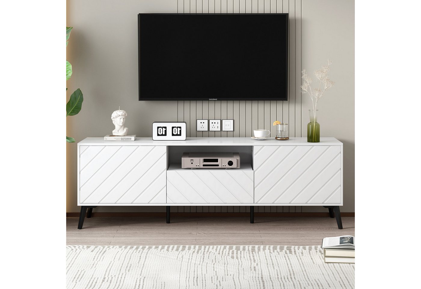 XDeer TV-Schrank 1,7 Meter langer weißer TV-Ständer mit 2 Türen und 1 Schubladen TV Kabinett mit Multifunktionaler Stauraum Stabile Standfüße von XDeer