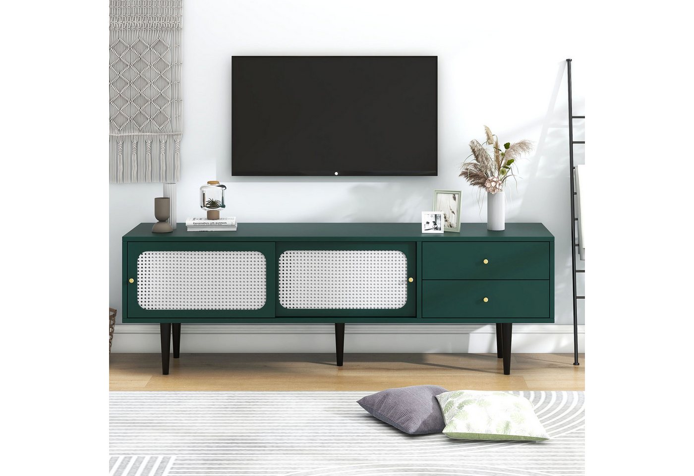 XDeer TV-Schrank Stilvoller TV-Ständer mit 2 Schubladen, 2 Rattan-Schiebetüren Grün mit Weißem Rattan, 4 Fächer mit beweglichem Laminat von XDeer