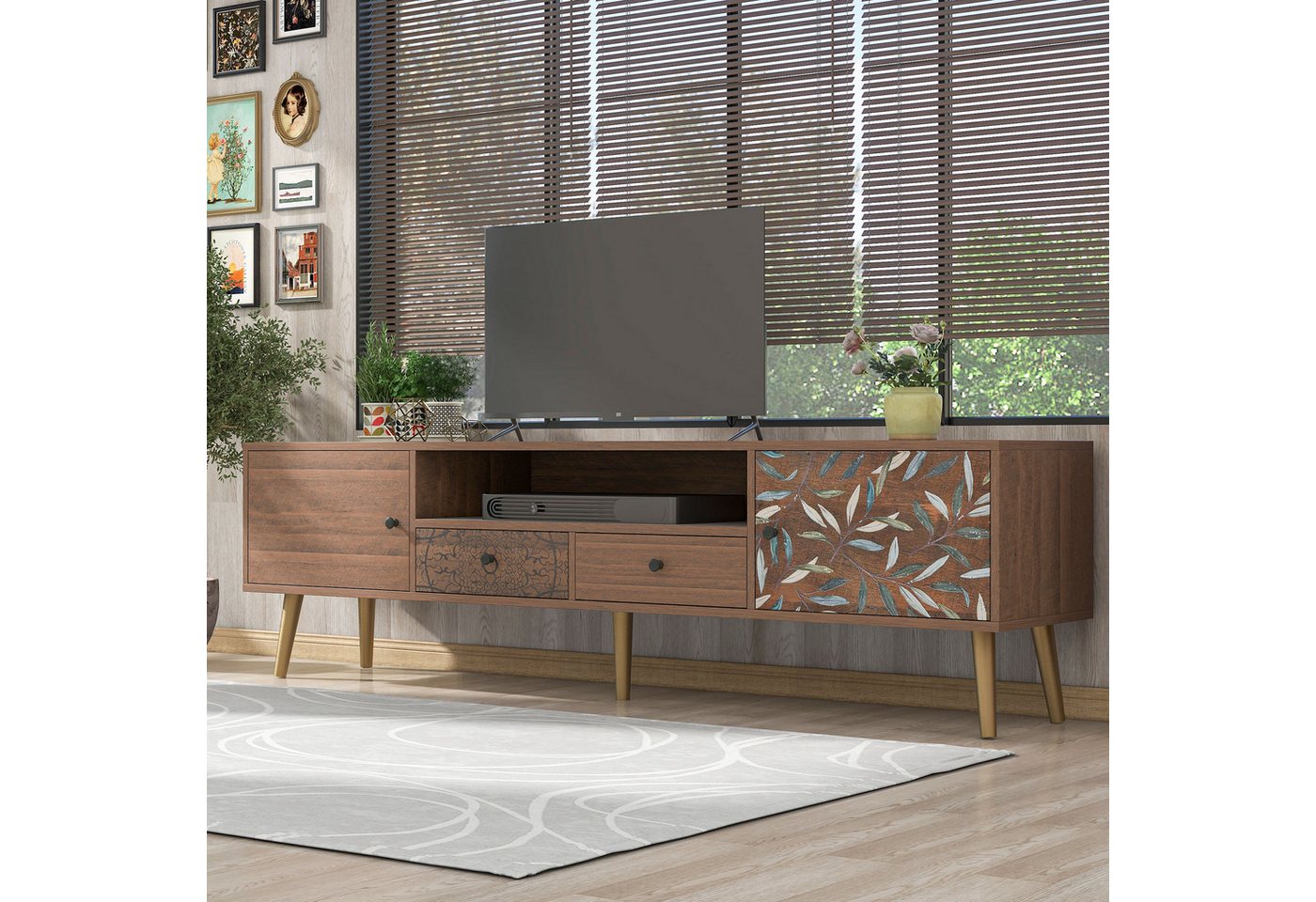 XDeer TV-Schrank Vintage Lowboard mit Aufdruck180x38x50.5cm 2 Türen Landhaus-Design, Goldene Füße, 2 Schubladen, Ablagefach von XDeer