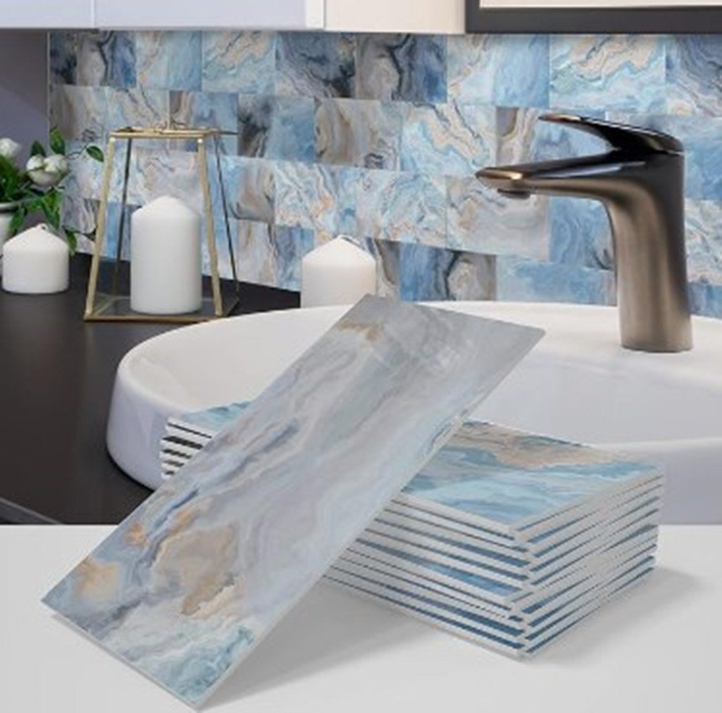 XDeer Wandfliese 16 Stück Fliese Aufkleber Fliesensticker,Vintage Boden Wandabziehbild, blue, Aufkleber selbstklebende Fliese 3D Kunst DIY Küche Bad Backsplash von XDeer