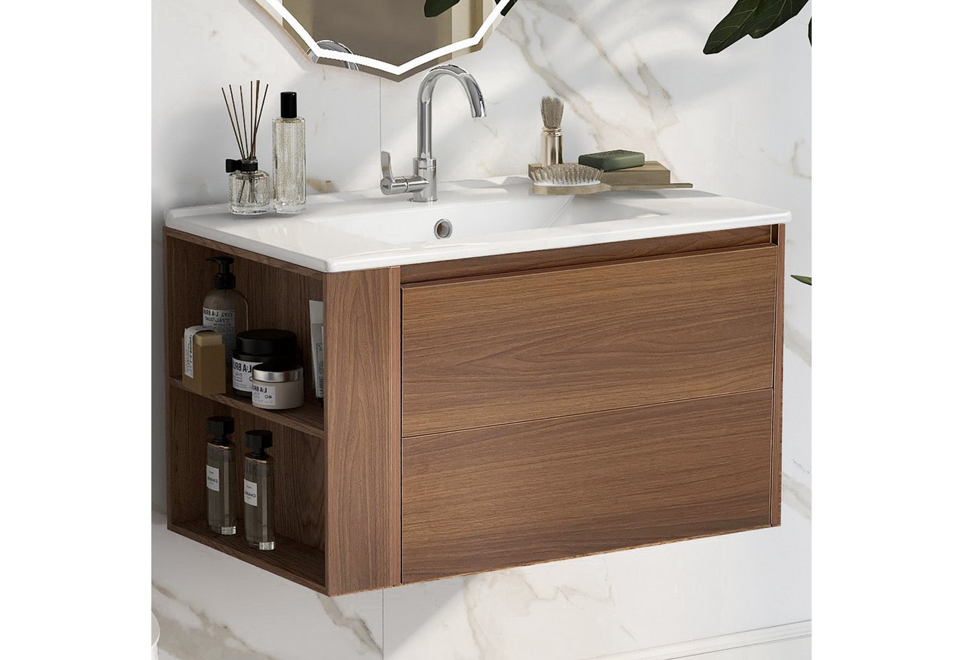 XDeer Waschbeckenunterschrank Keramikwaschbecken hängend 76cm breit, mit Schubladen Badezimmer Modernes Design, braun von XDeer