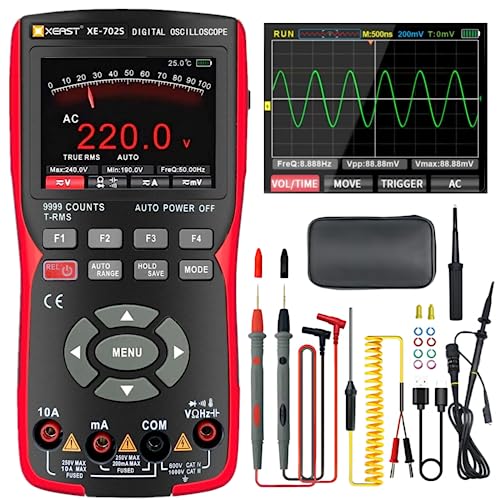Handheld Oszilloskop, 9999 Counts Digital Multimeter mit K-Sonde Pyrometer, 10MHz Bandbreite 48MSa/s High Sampling Professional LED Oszilloskop, Auto-Kalibrierungsfunktion DC/AC Spannung/Strom Test von XEAST