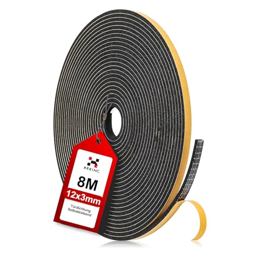 XEEINC Dichtungsband Türdichtung Selbstklebend 8m(L) x 12mm(B) x 3mm(D) für Türen Fenster, Fensterdichtung Lärm Schalldämmung, Anti-Kollision Abdichtungsband - Schwarz von XEEINC