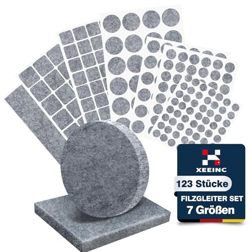 XEEINC Filzgleiter Selbstklebend 123 Stück - Filzgleiter für Stühle mit 7 Größen - 3mm Dicke Möbelgleiter Filz selbstklebend für Stühle Bodenschutz - Grau von XEEINC