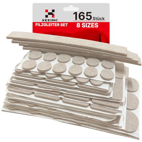 XEEINC Filzgleiter Selbstklebend 165 Stück (Hellbraun) - Filzgleiter für Stühle mit 8 Größen - 3mm Dicke Möbelgleiter Filz selbstklebend für Stühle Bodenschutz - mit Idealer Klebkraft von XEEINC