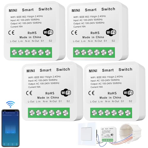 4 Stück Smart Lichtschalter Modul, Mini DIY WLAN Schalter 2 Wege, Smart Life Schalter Kompatibel mit Alexa Echo, Google Home, Smart Life, Passt Hinter Wandschalter, Neutralleiter Erforderlich von XEERUN