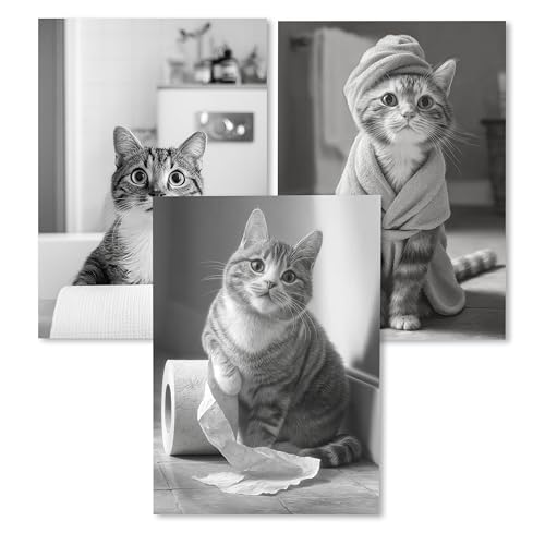 XELLENZ - Badezimmer Deko Bild, 3x A4 Poster ohne Rahmen – Lustige Wanddeko Bad Kunstdrucke Bilder| Katze mit Toilettenpapierhalter, Hochwertiger Druck auf 300g/m² Papier (21x30 cm | 3er Set) von XELLENZ