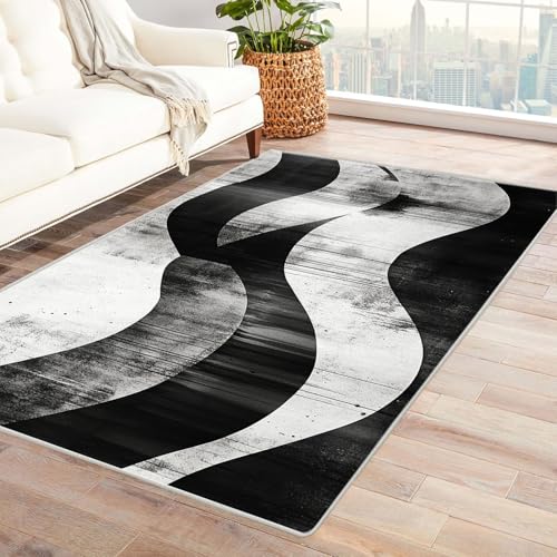 XENIOU Kurzflor Teppiche, Abstrakter Strichdruck, Moderner Waschbarer Großer Flauschiger Kurzflor Teppich für Esszimmer, Wohnzimmer, Küchen, Büro.(schwarz)-210x300cm von XENIOU