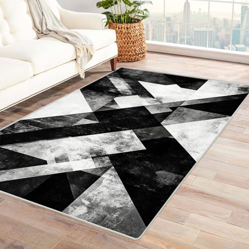 XENIOU Kurzflor Teppiche, Abstrakter Strichdruck, Schlafzimmer Flauschiger Waschbar Teppich für Wohnzimmer, Esszimmer und Balkon.(schwarz)-90x120cm von XENIOU